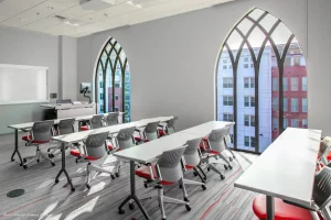 Hopes solid hot-rolled steel windows and doors installed in new USC Business School Fertitta Hall classroom space.