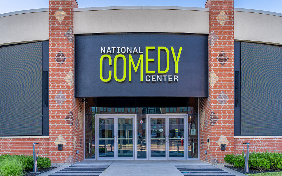 Main entrance to the National Comedy Center museum in Jamestown, New York, featuring Hope's Windows custom steel doors.