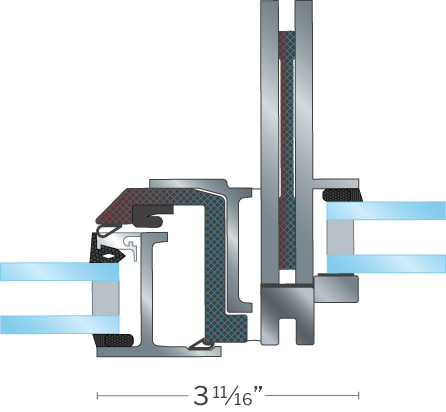 Hope's SlightLine175 Series, detailed profile illustration, hot-rolled steel mullion designed to reduce bulk and sightlines