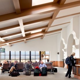 Hopes steel windows brighten airport gate area with abundant natural light in Santa Barbara, CA.