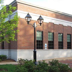 Towne Bank branch building with Hopes custom steel thermal break doors and windows, exterior back view.