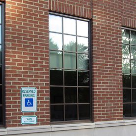 Towne Bank branch close up of Hopes custom steel windows with thermal break.