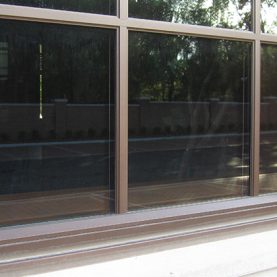 Towne Bank branch close up of Hopes custom steel windows with thermal break.