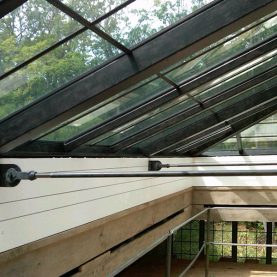 Hopes custom steel framed structural skylight displayed in a private residence pool house located in Highland Park, IL.