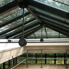 Hopes steel skylight with custom roof lantern displayed in a private residence pool house located in Highland Park, IL.